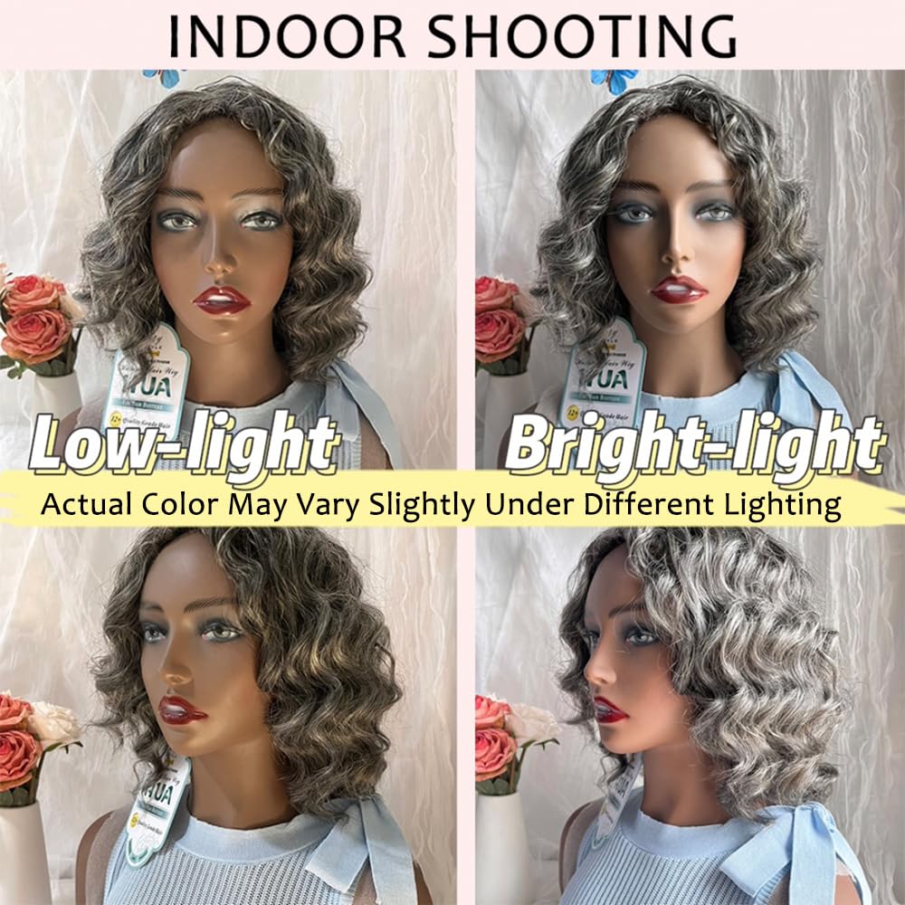 HUA Salt and Pepper Grey Wigs Human Hair for Black Women Glueless Deep Wave Grey Human Hair Wig for Older Women Gray Wigs for Mom Mixed Little Synthetic Bob Wear and Go Glueless Gray Wig