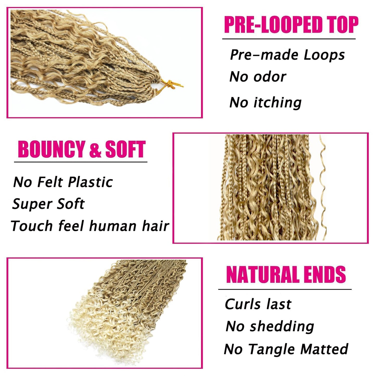 Boho Crochet Braids Pure Protein Fiber Close to Human Hair 24 Inch Goddess Box Braids with Soft Curls Bohemian Braids Crochet Hair for Black Women (24Inch #27/613)