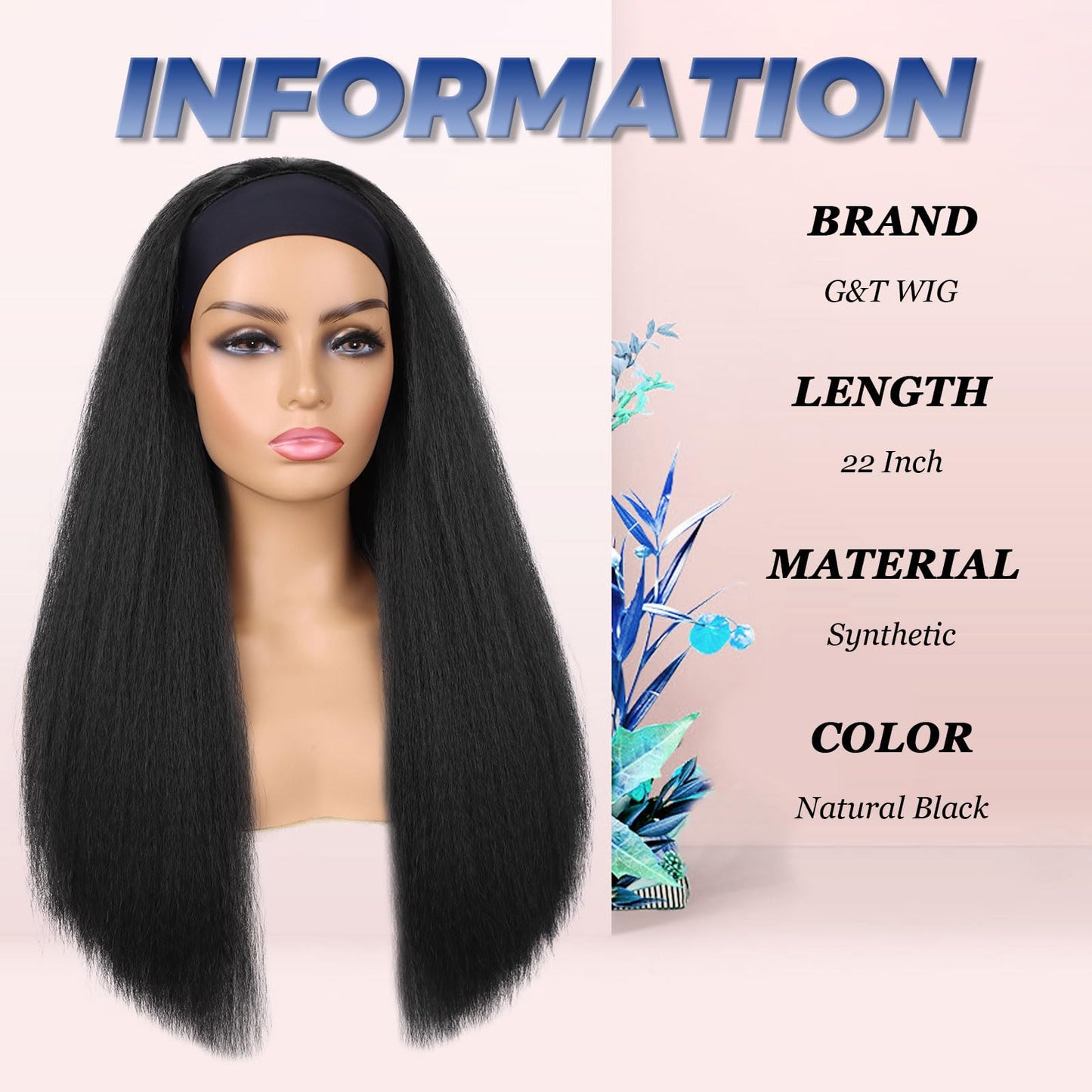 G&T Wig Yaki Straight Headband Wigs for Black Women Synthetic Yaki Headband Wig Long Kinky Straight Hair Wigs With Hair Band Attached 22 inch Full Machine Made None Lace Front Wig Natural Black Color