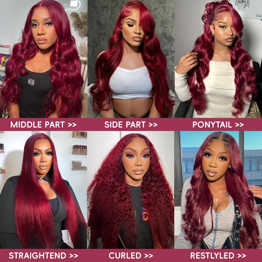 Burgundy Lace Front Wigs Human Hair Pre Plucked 200% Density Burgundy Wig Human Hair Body Wave 99j Human Hair Lace Front Wigs Burgundy Frontal Wig 13x4 Glueless Wigs Human Hair 32 Inch