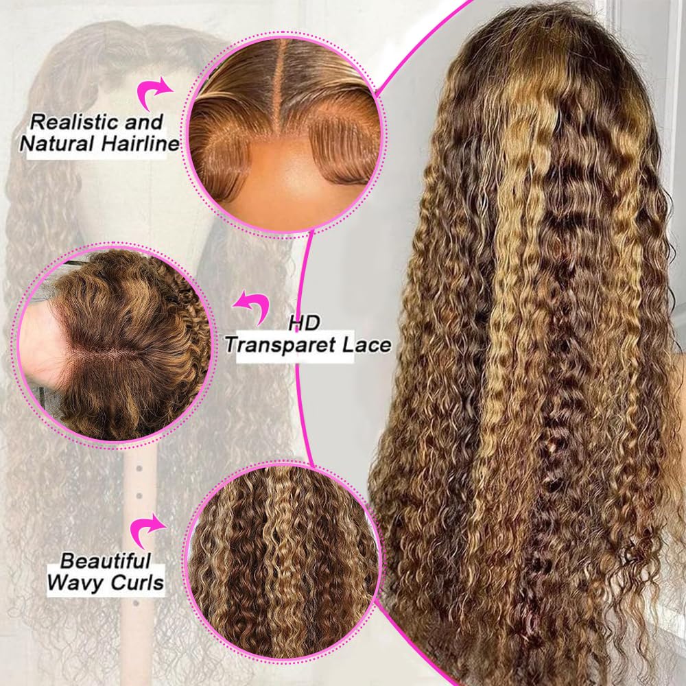 abbildung 28inch Highlight Ombre Lace Front Wig Human Hair 13x6 HD Honey Blonde 4/27 Deep Wave Lace Frontal Wigs Glueless Wigs Human Hair Pre Plucked with Baby Hair 200 Density
