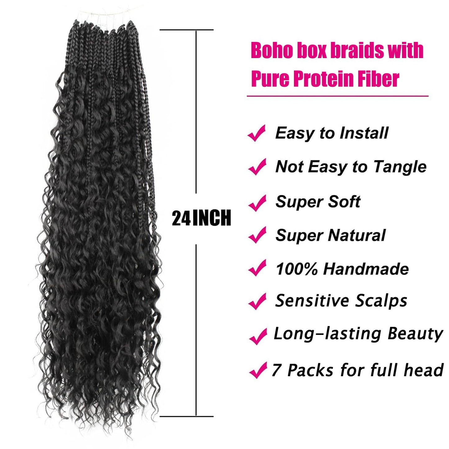 Boho Crochet Braids Pure Protein Fiber Close to Human Hair 24 Inch Goddess Box Braids with Soft Curls Bohemian Braids Crochet Hair for Black Women (24Inch,1B)