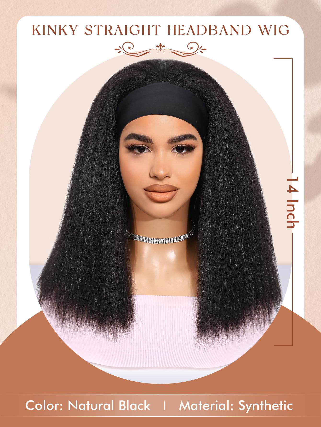 WIGNEE Kinky Straight Headband Wig Kinky Wig with Ribbon Glueless Headband Wigs for Black Women Natural Synthetic Afro Wigs for Black Women Natural Black 14 Inch