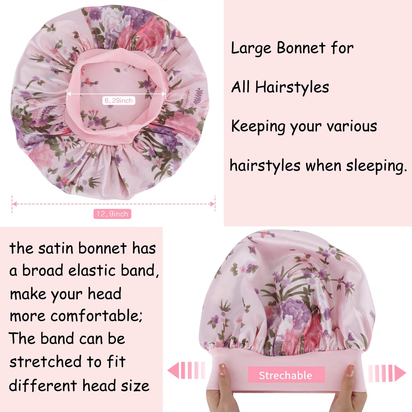 5 Pack Silk Bonnet for Sleeping Satin Bonnet for Sleeping, Bonnets for Black Women Hair Bonnet for Sleeping Silk Sleep Cap, Wide Soft Band Large Bonnet for Curly Hair