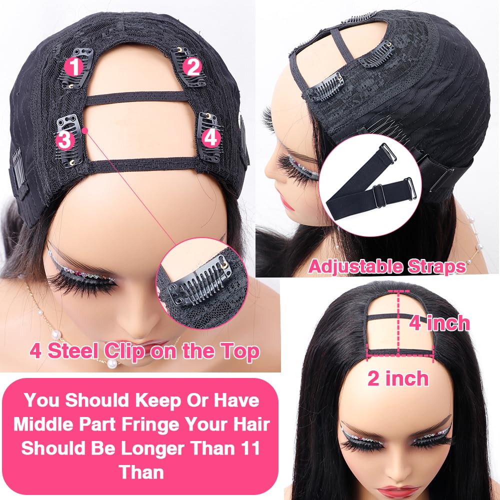 Sooolavely 18 Inch U Part Human Hair Wigs for Black Women Straight Beginner Friendly Unprocessed Brazilian Virgin Human Hair Wig Glueless Hair 180% Density Natural Color