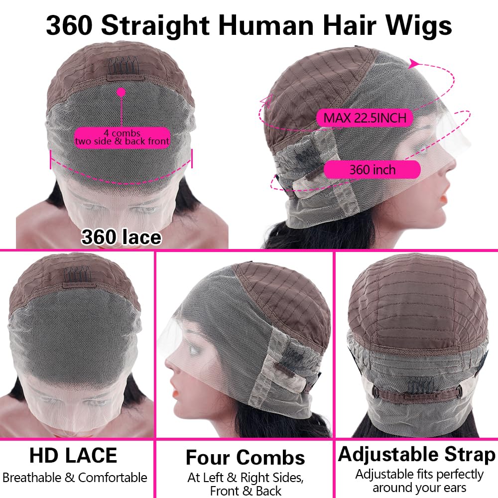 sdamey Straight 360 HD Lace Front Wigs Human Hair 180 Density Brazilian Frontal Wigs Human Hair Glueless Wigs Human Hair Pre Plucked pre Cut Wigs for Women