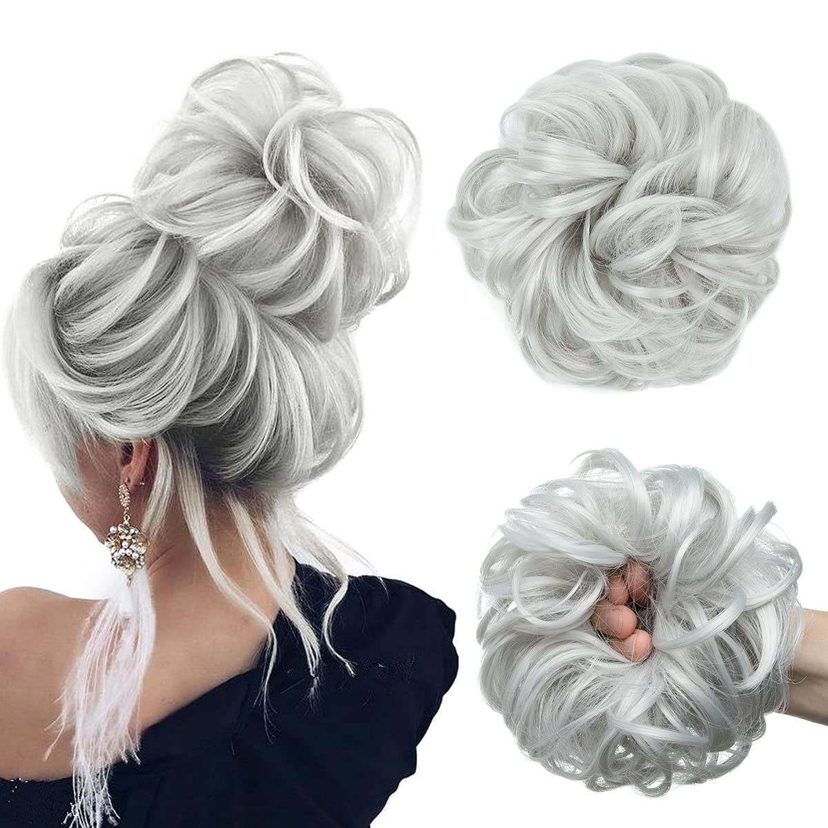 CJL HAIR Large Messy Bun Hair Piece Wavy Curly Scrunchies Synthetic Chignon Ponytail Hair Extensions Thick Updo Hairpieces for Women (Light Silver Grey)
