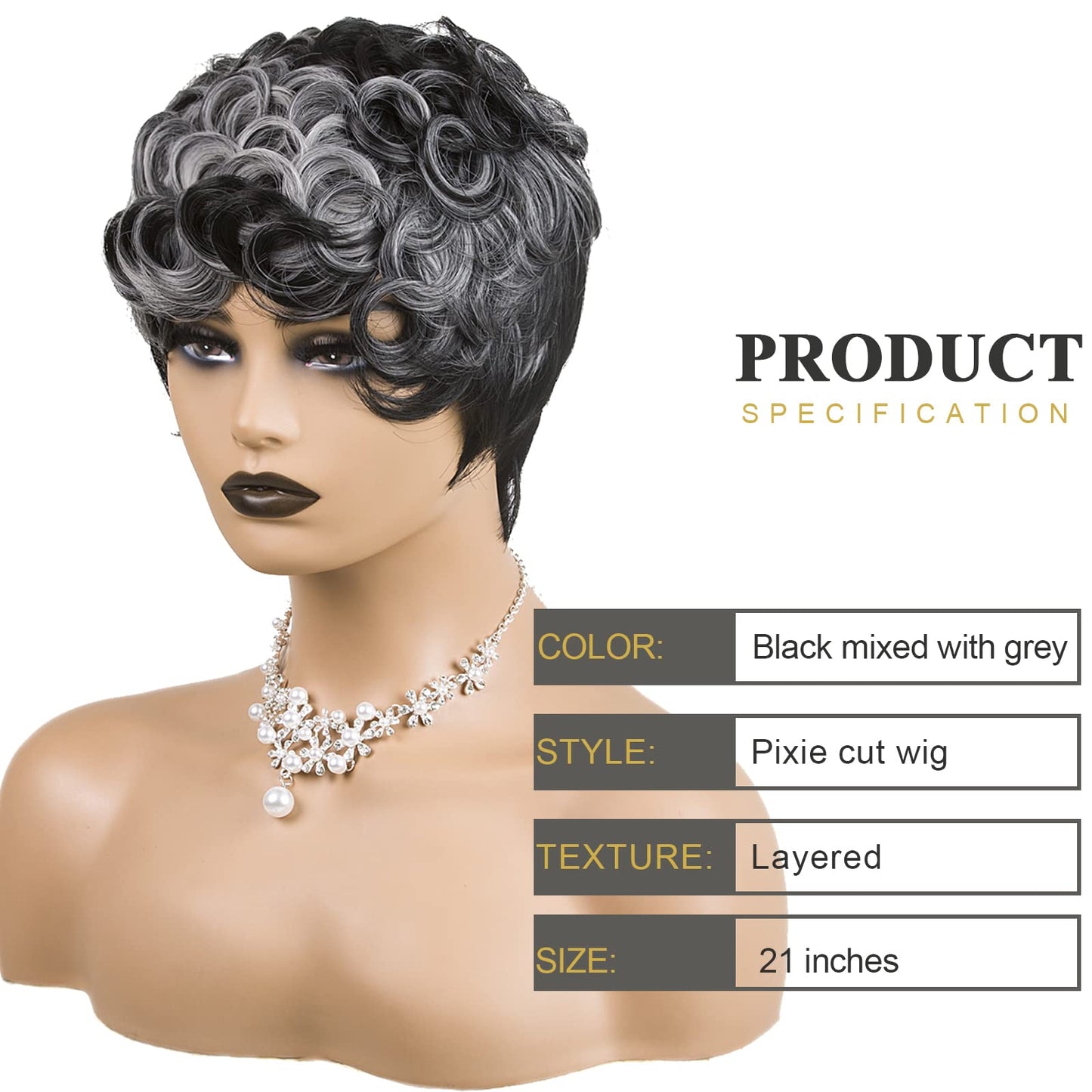 BOBCOO Pixie Cut Wig Short Wigs for Black Women Short Pixie cut Wigs for Black Women (Black & Grey)