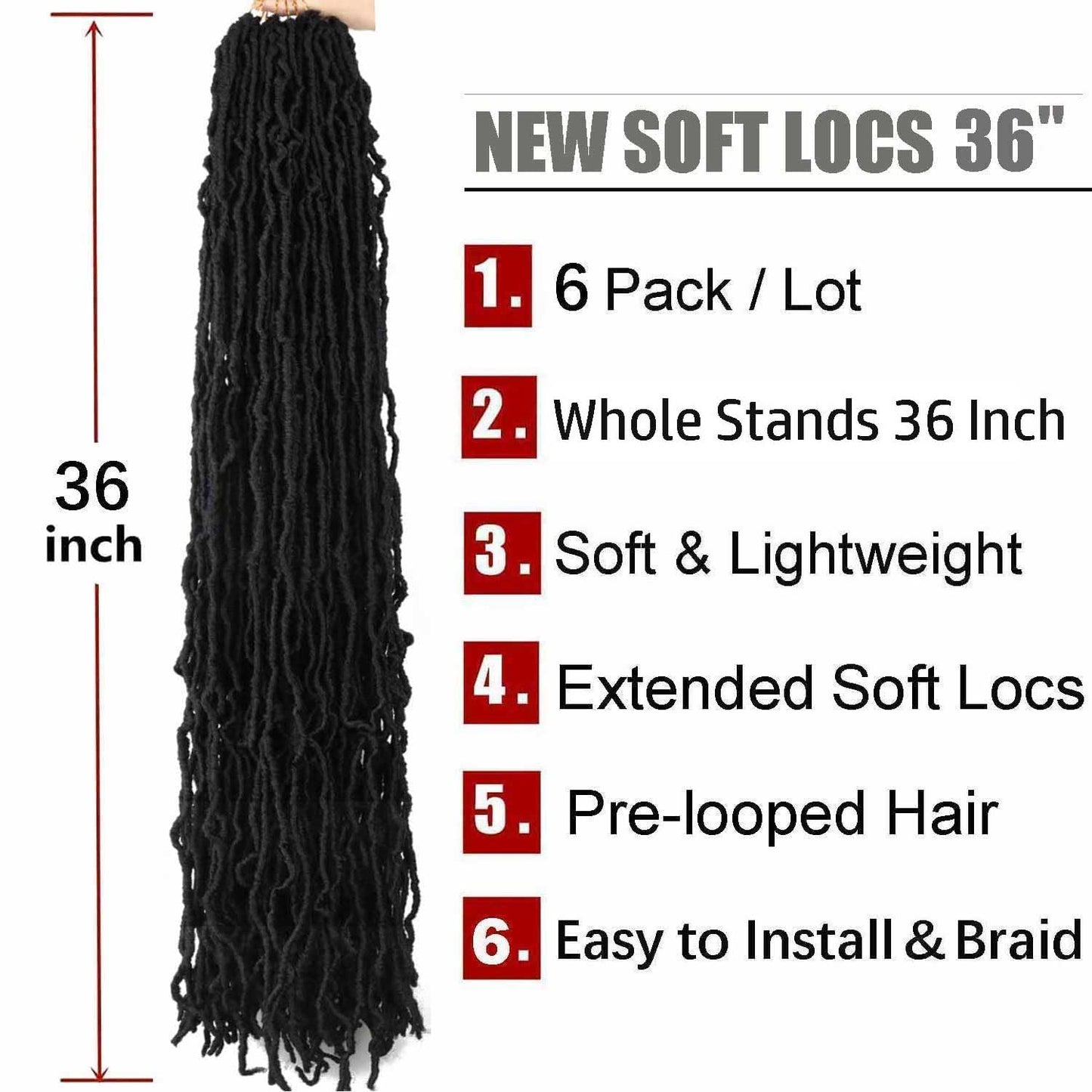 6 Packs Soft Locs Crochet Hair Pre Looped Faux Locs Crochet Braids Goddess Locs Dreadlocs Synthetic Hair For Black Women (1B, 36 Inch (Pack of 6))