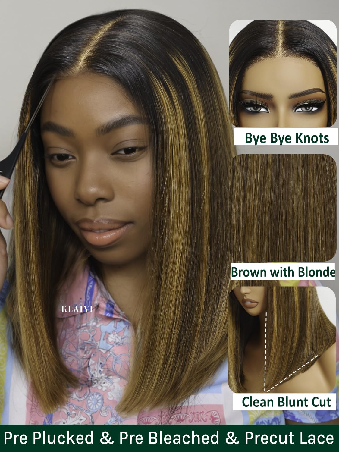 KLAIYI Bye Bye Knots Glueless Wig Ombre Brown with Blonde Bob Straight Precut 7x5Lace Front Human Hair Wig with Dark Roots Pre Plucked Bleached Blunt Cut Balayage Highlight Ready to Wear and Go 14Inch