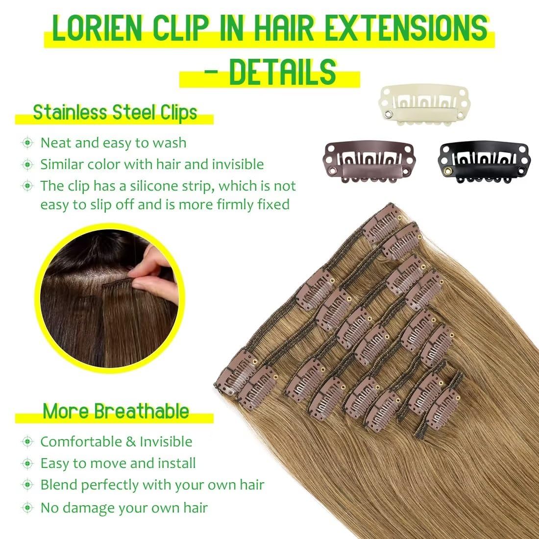 LORIEN Clip in Hair Extensions Real Human Hair, 18 Inch 100g, 6 Medium Brown, Clip in 100% Brazilian Remy Human Hair Extensions 8pcs Per Set with 18 Clips Double Weft