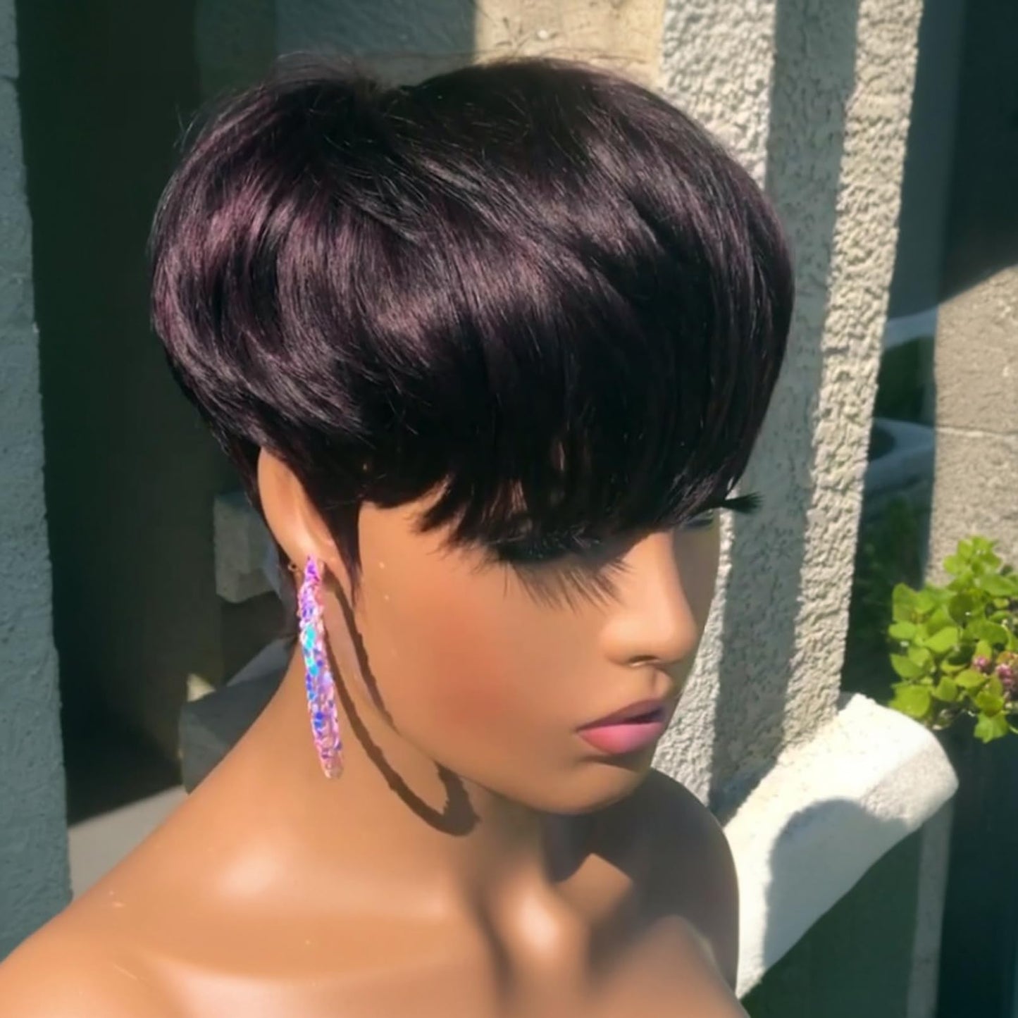 QiaQiaRing Chic Elegent Pixie Cut Wigs for Black Women Black 99J Color for Daily Use Short Layered Pixie Cut Human Hair Wigs With Bangs Brazilian Virgin Straight Human Hair Full Machine Made