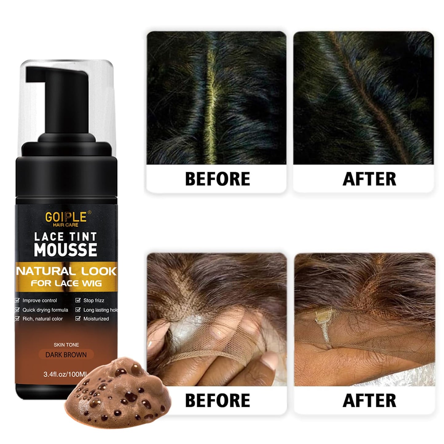 Lace Tint Melting Mousse for Women's Hair Wigs, Toupees, and Hairpieces - 200ML Natural Finishing Lace Color Spray Set (Dark Brown)