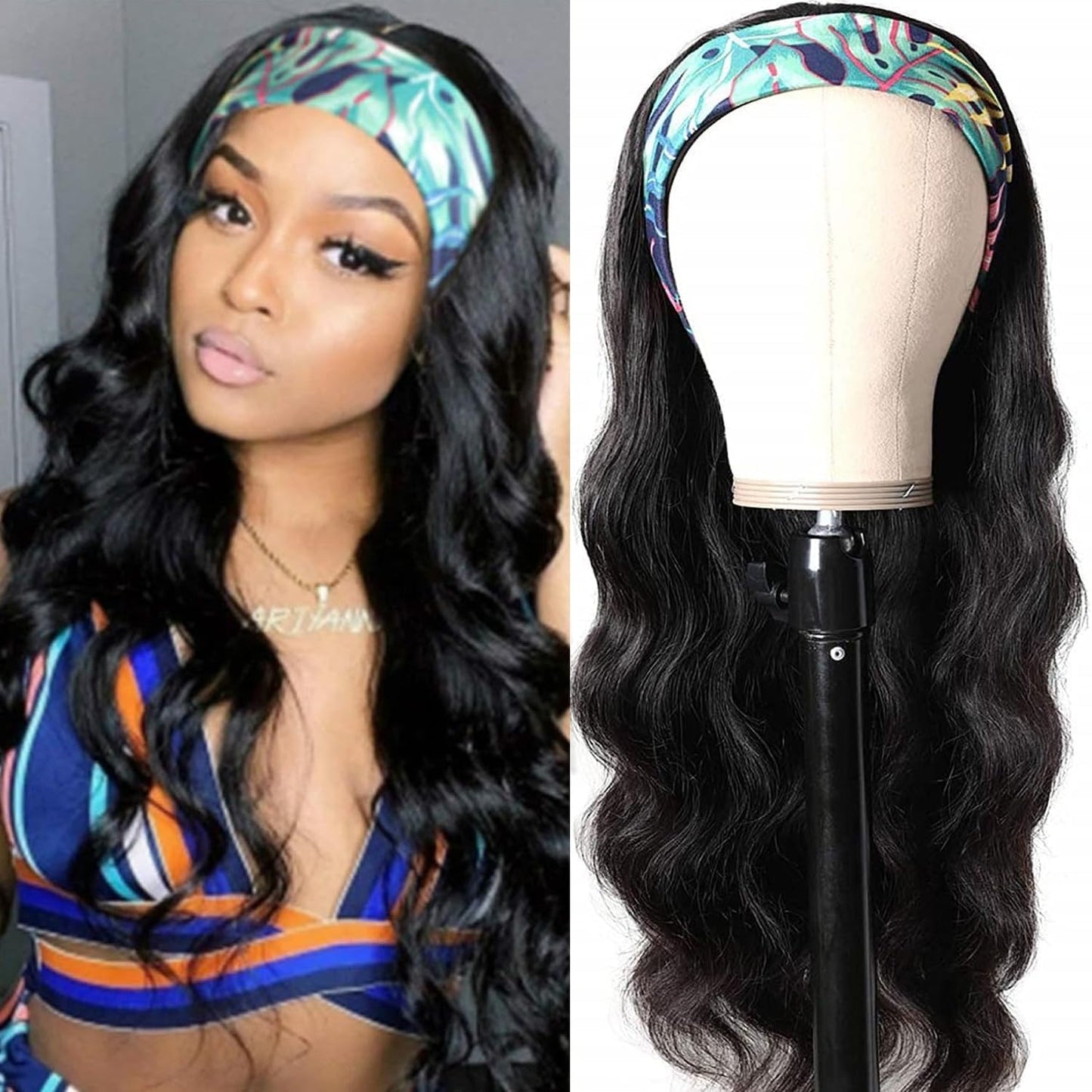 Headband Wig Human Hair Body Wave Headband Wigs for Black Women 20 Inch None Lace Front Wig Human Hair Wear and Go Glueless Wigs Machine Made Brazilian Virgin Human Hair Headband Wig Natural Color