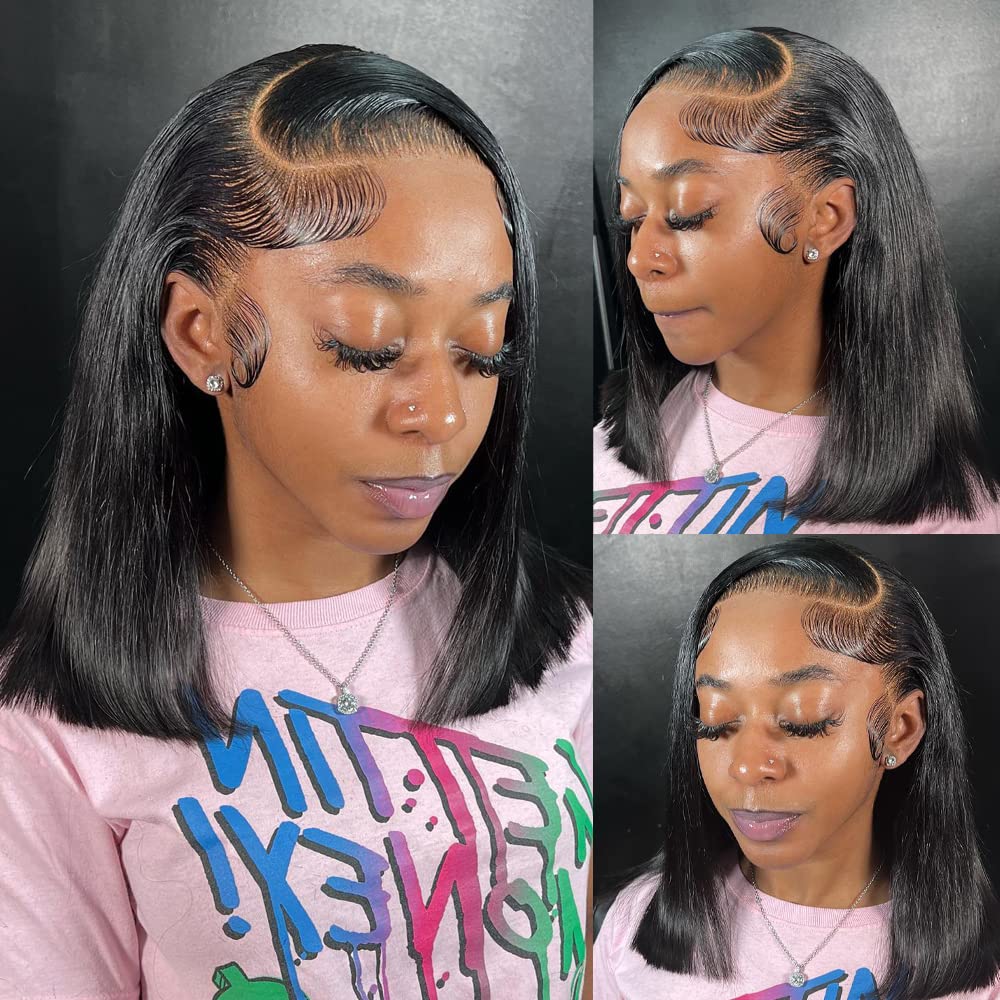 Karlami Bob Wig Human Hair 13x4 Frontal Lace Wig Body Wave HD Lace Front Wigs Human Hair Pre Plucked Glueless Bob Wigs for Women 150% density (Black, 12'')