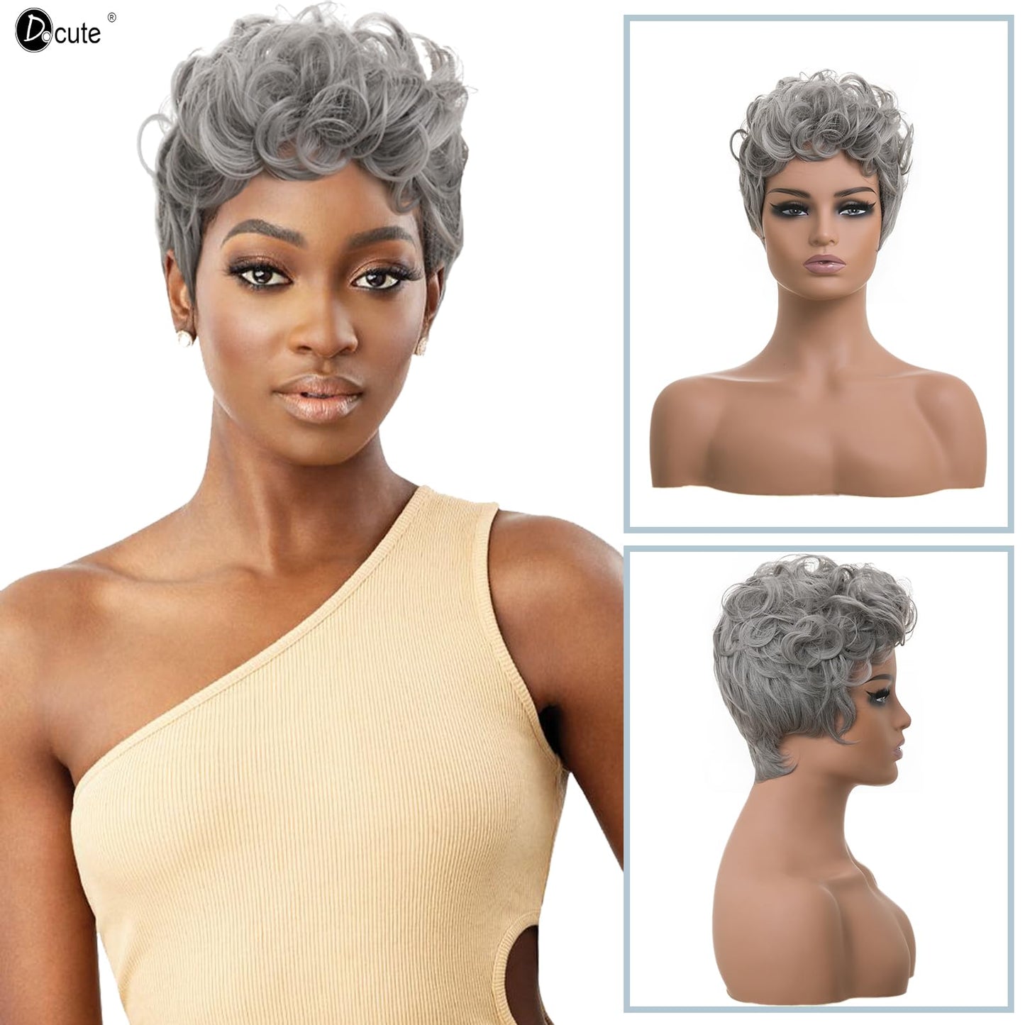 DOcute Gray Wig for Black People Pixie Cut Wig with Bangs Short Pixie, Curly Wig for Black Women, Fluffy Pixie Curly Wig for Women Natural Wavy Short Gray Pixie Cut (Grey)
