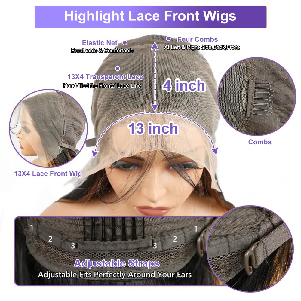 ONECHULY Long Highlight Lace Front Wig Human Hair 200% Density Balayage Ombre Lace Front Wig 13x4 HD Transparent Lace Pre Plucked with Baby Hair Glueless Brown Human Hair Wigs for Women 1B/30 32 Inch