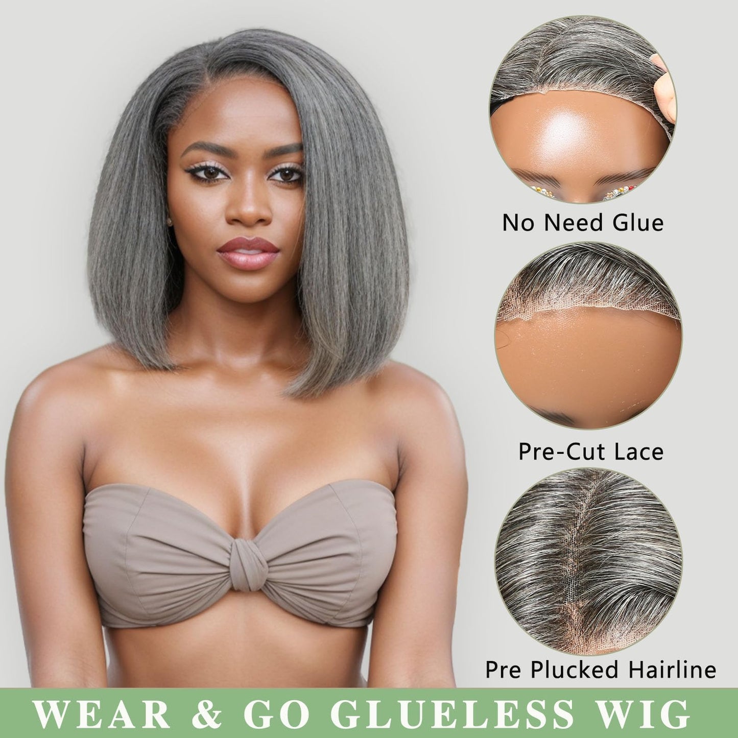 HANASCC 12" Salt and Pepper Human Hair Wigs Pre Plucked Grey Straight Short Bob Wig Pre Cut 5x5 Closure HD Transparent Gluelss Gray Lace Front Wigs for Women