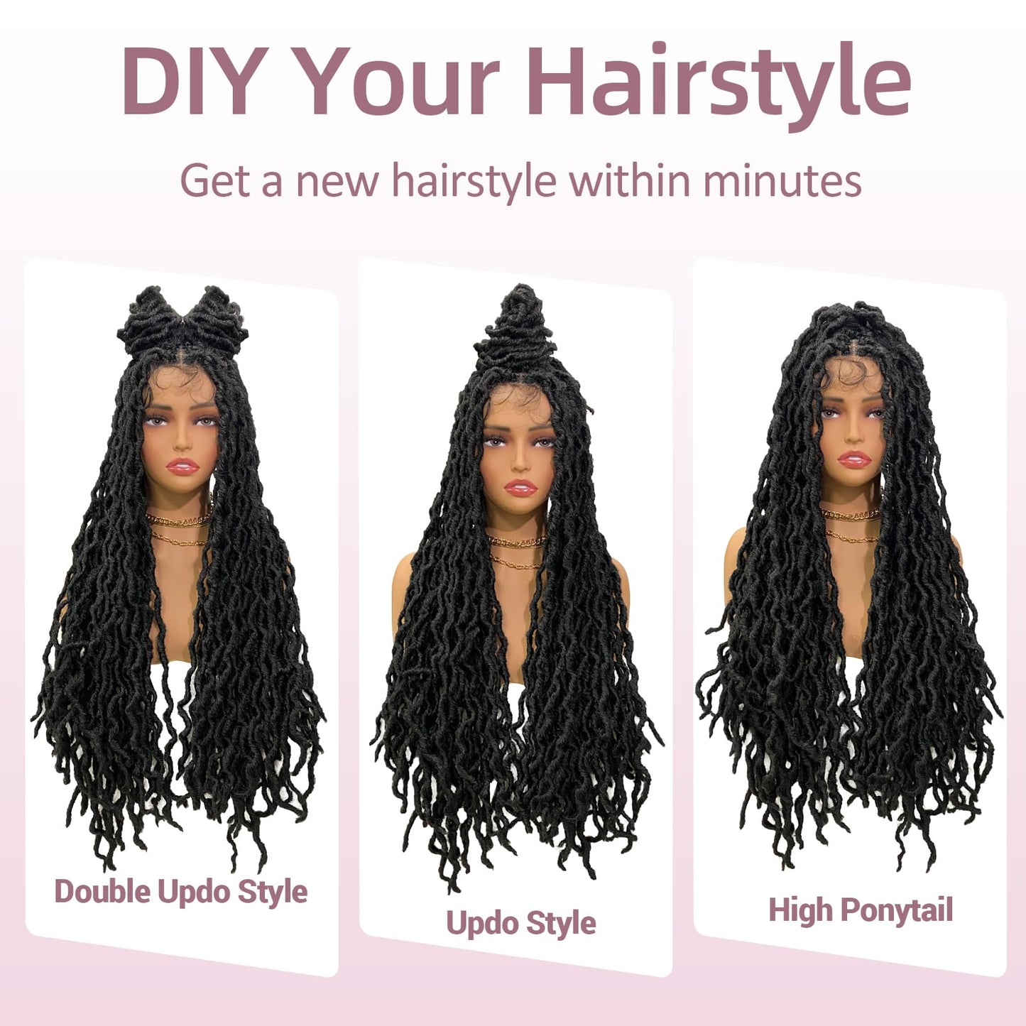Janyuwool 36" Faux Locs Knotless Braided Wigs Dreadlock Full Double Lace Braid Wig Lace Front Braided Wig for Black Women Human Hair Blended Braids Wig with Baby Hair (Black)