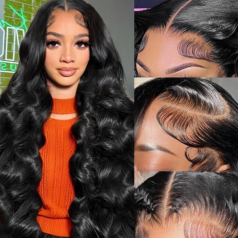 YetFree 30 Inch Body Wave Lace Front Wigs Human Hair Pre Plucked 13x6 HD Lace Frontal Wigs Brazilian Virgin Human Hair 200 Density Glueless Body Wave wig with Baby Hair Natural Black
