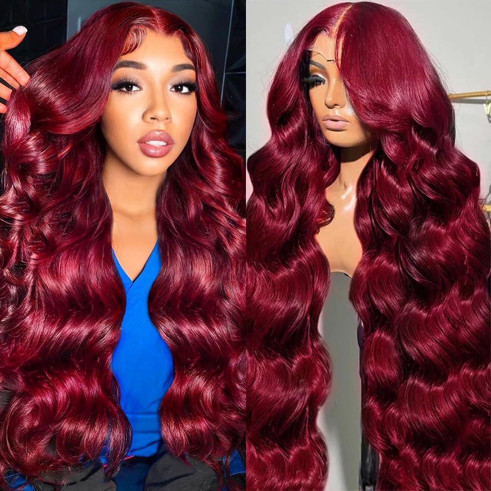 99j Burgundy Lace Front Wigs Human Hair Pre Plucked 200% Density Burgundy Wig Human Hair Body Wave 99j Human Hair Wig 13x4 Frontal Wig Colored Wine Red 30 Inch Wigs Human Hair