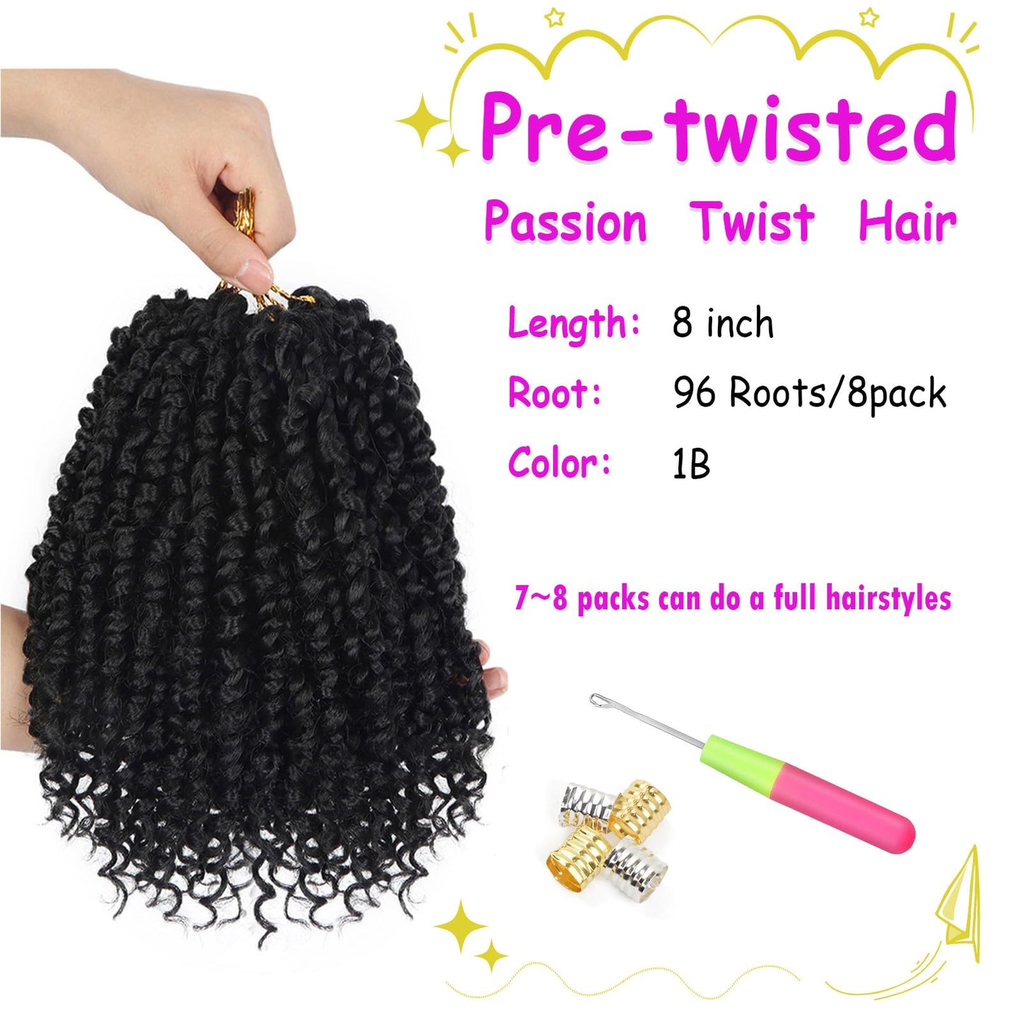 Bileaf 8 Inch Passion Twist Hair 8 Packs Pre-twisted Crochet Hair, Pre-looped Crochet Passion Twist Braiding Hair for Women Girls and Kids Bohemian Passion Twist Hair Extensions 1B