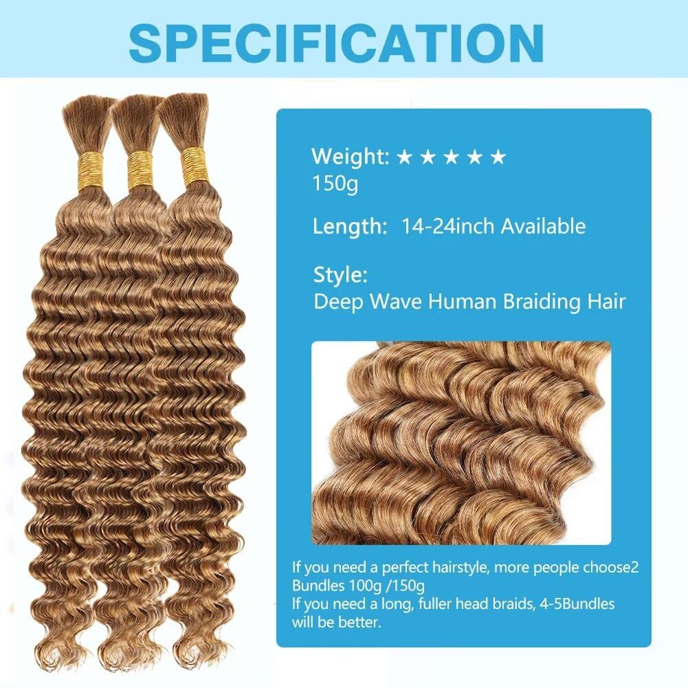 Blonde Human Braiding Hair Deep Water Wave Bulk Human Hair 150g 22 Inch Color 27 Curly Human Hair for Boho Braids Hair Extensions No Weft 3 Braids Per Pack Wet and Wavy