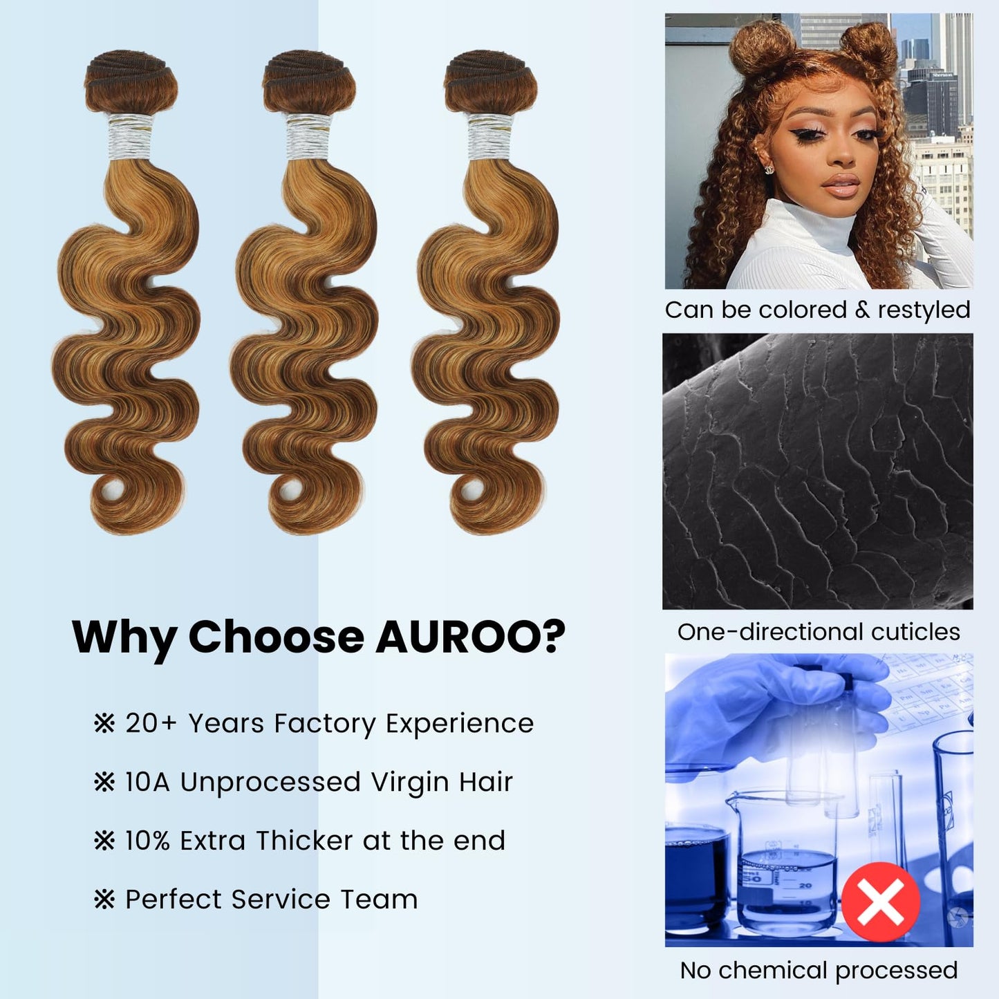 AUROO Highlight Human Hair Bundles Brazilian Body Wave Single Bundles Human Hair 10inch, 100% Virgin Hair Bundles Honey Blonde Ombre Wavy 4/27 For Women Colored Human Hair Sew In Weave 10A Remy Bundle