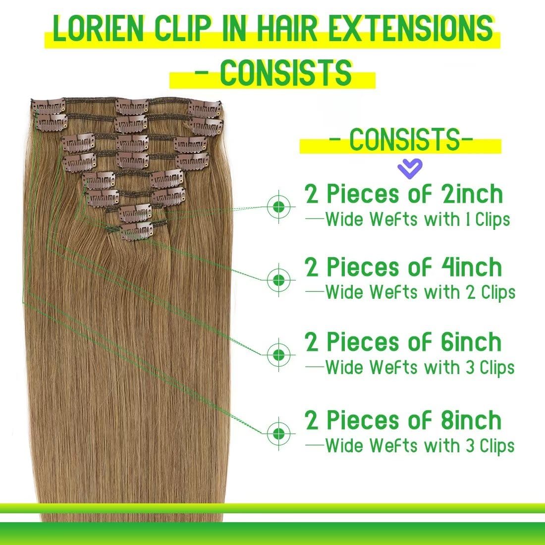 LORIEN Clip in Hair Extensions Real Human Hair, 18 Inch 100g, 6 Medium Brown, Clip in 100% Brazilian Remy Human Hair Extensions 8pcs Per Set with 18 Clips Double Weft