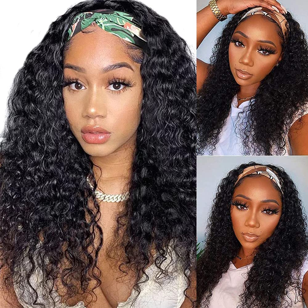 Aiterina Headband Wig Deep Wave Human Hair Wigs Virgin Hair Wigs 14 Inch None Lace Front Wigs For Black Women Deep Wave Machine Made Wigs Natural Color