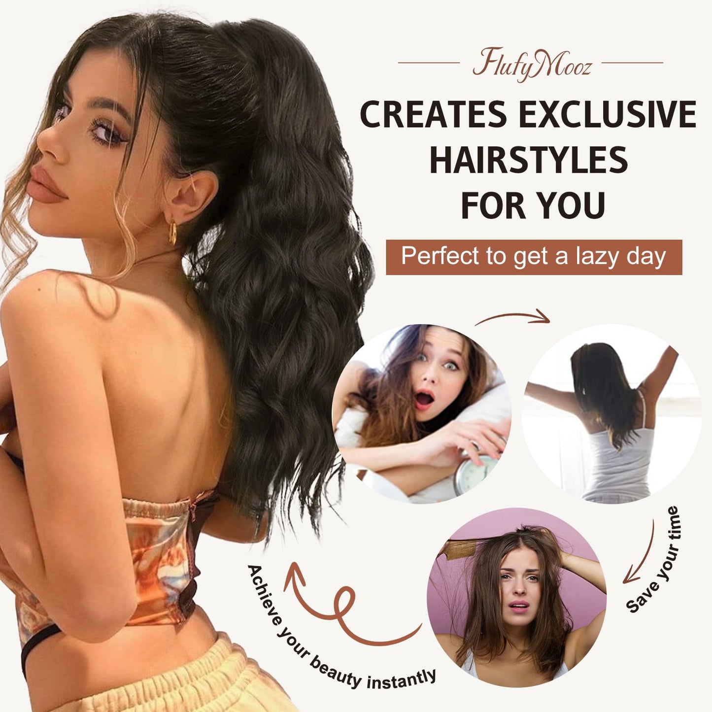 FLUFYMOOZ Ponytail Extension, 18 Inch Claw Clip Ponytail Extension, Wavy Curly Claw Clip in Ponytail Hair Extensions, Natural Fake Ponytail Synthetic Hairpiece for Women (Grey/Silver/White Mixed)