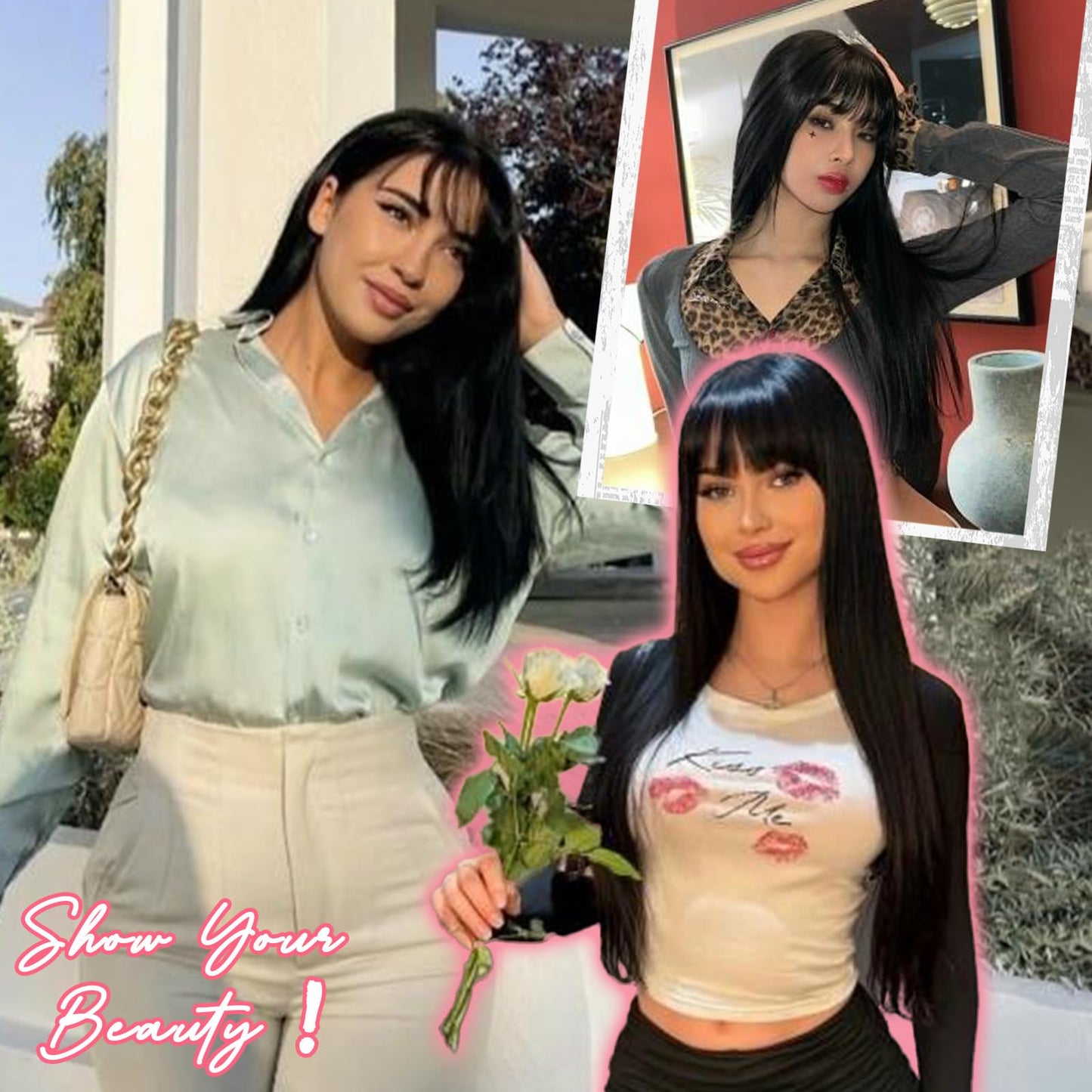 NOVFLKW Black Long Straight Layered Wig with Bangs for Women 26 inch Put on Go Realistic Synthetic Heat Resistant Natural Wig for Girls Party Cosplay and Daily Use