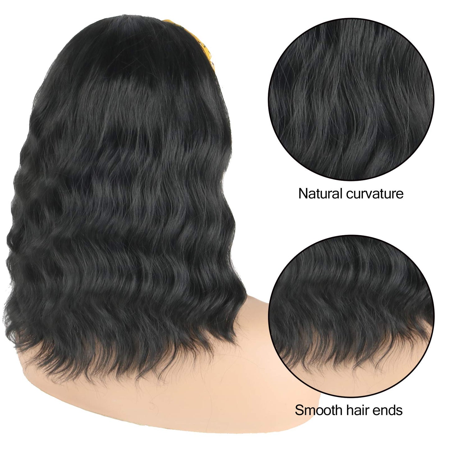 Oseti Short Curly Headband Wigs for Black Women Black Wavy Wigs with Headbands Attached Body Wave Wig Head Wrap Wigs with Ice Silk Turban Synthetic Headband Wigs for Women Short Loose Bob Wig 14Inch