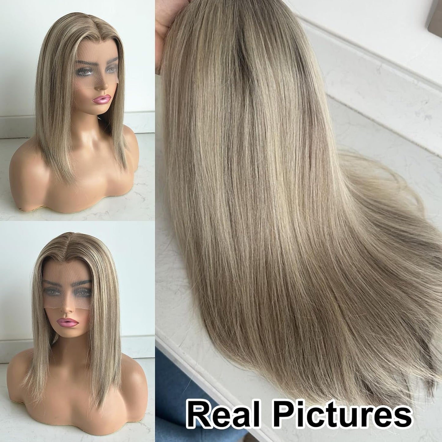 Byluxurious Ash Blonde Ombre Lace Front Wig Human Hair Bob Wig Short Highlight Balayage Straight 13x4 HD Lace Front Human Hair Wigs For Women Pre Plucked 180 Density 12Inch