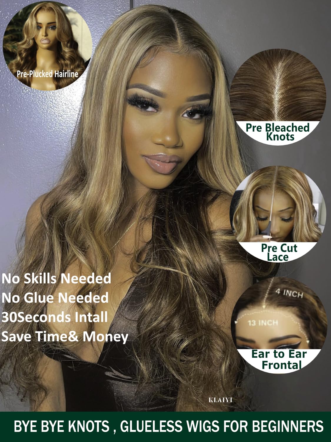 KLAIYI Wear And Go Glueless Wig Bye Bye Knots 13x4 Precut Lace Front Wigs Human Hair Ombre Highlight Blonde Body Wave Wig Pre Bleached Pre Everything Pre Plucked with Baby Hair 3S Ready to Wear 26Inch
