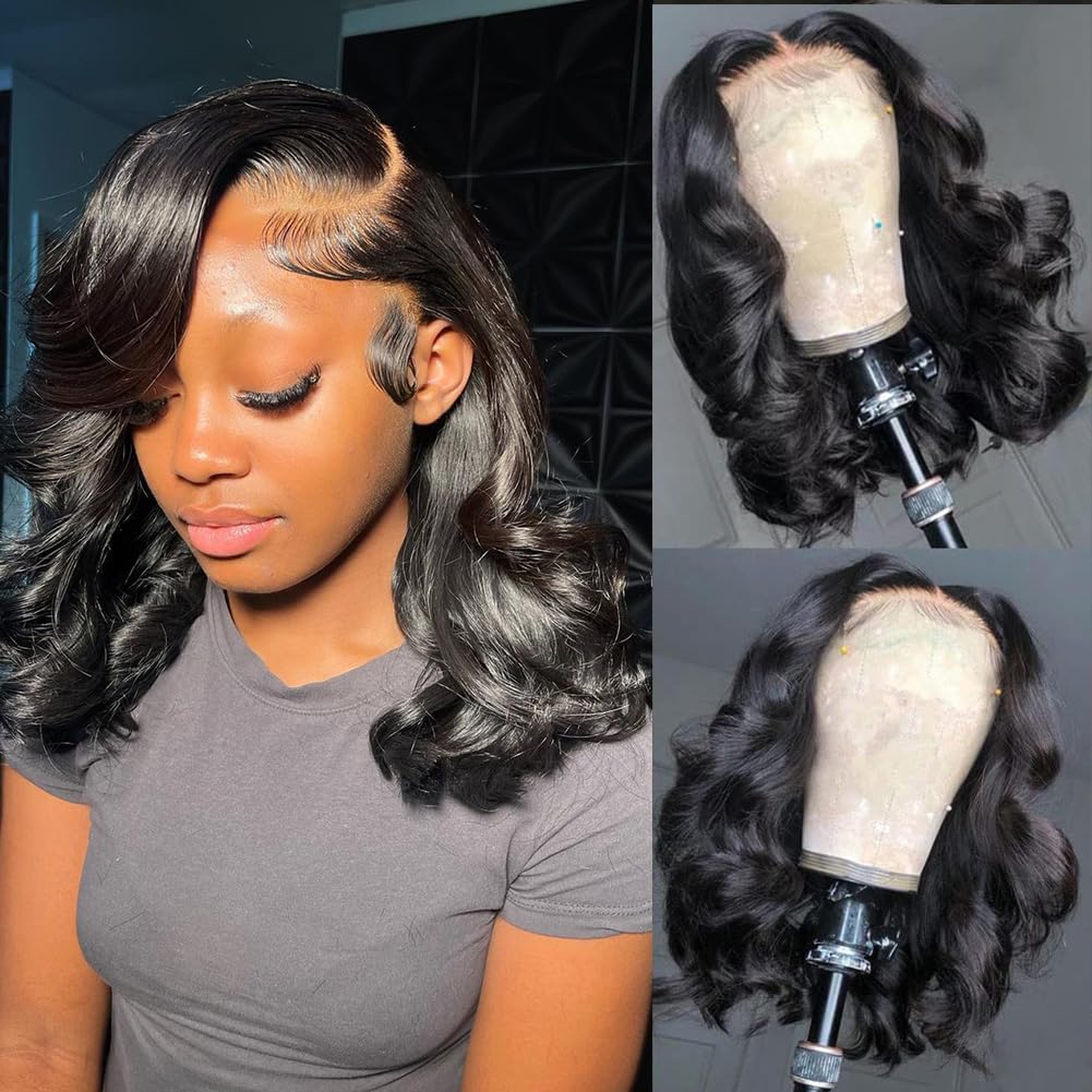 A FUTURE TONGMEI 16 Inch Body Wave Bob Wig Human Hair 13x4 HD Lace Frontal Bob Wigs Human Hair Free Part 180% Density Loose Wavy Bob Lace Front Wigs Human Hair for Black Women Glueless Natural Black