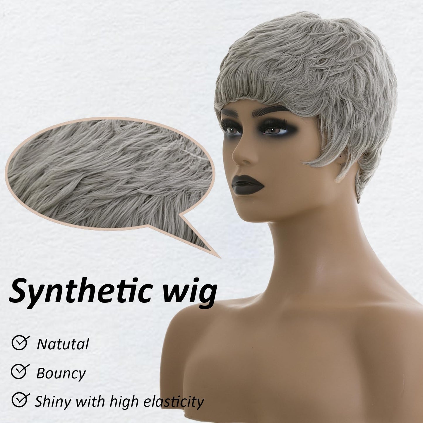 BOBCOO Short Grey Pixie Cut Wig for Black Women, Synthetic Layered Wavy Bob Hairpiece with Bangs, Light Grey Short Pixie Style (Layered)