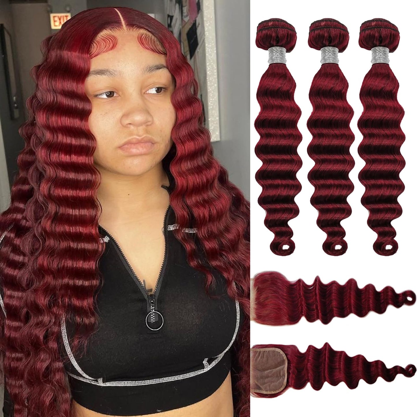 10A Brazilian Bundles and Closure Human Hair Loose Deep Wave Hd Lace Closure with Bundles 12 14 16+12inch, 99j Burgundy Red Wet and Wavy Bundle with Closure Raw Weave Bundles Human Hair with Closure