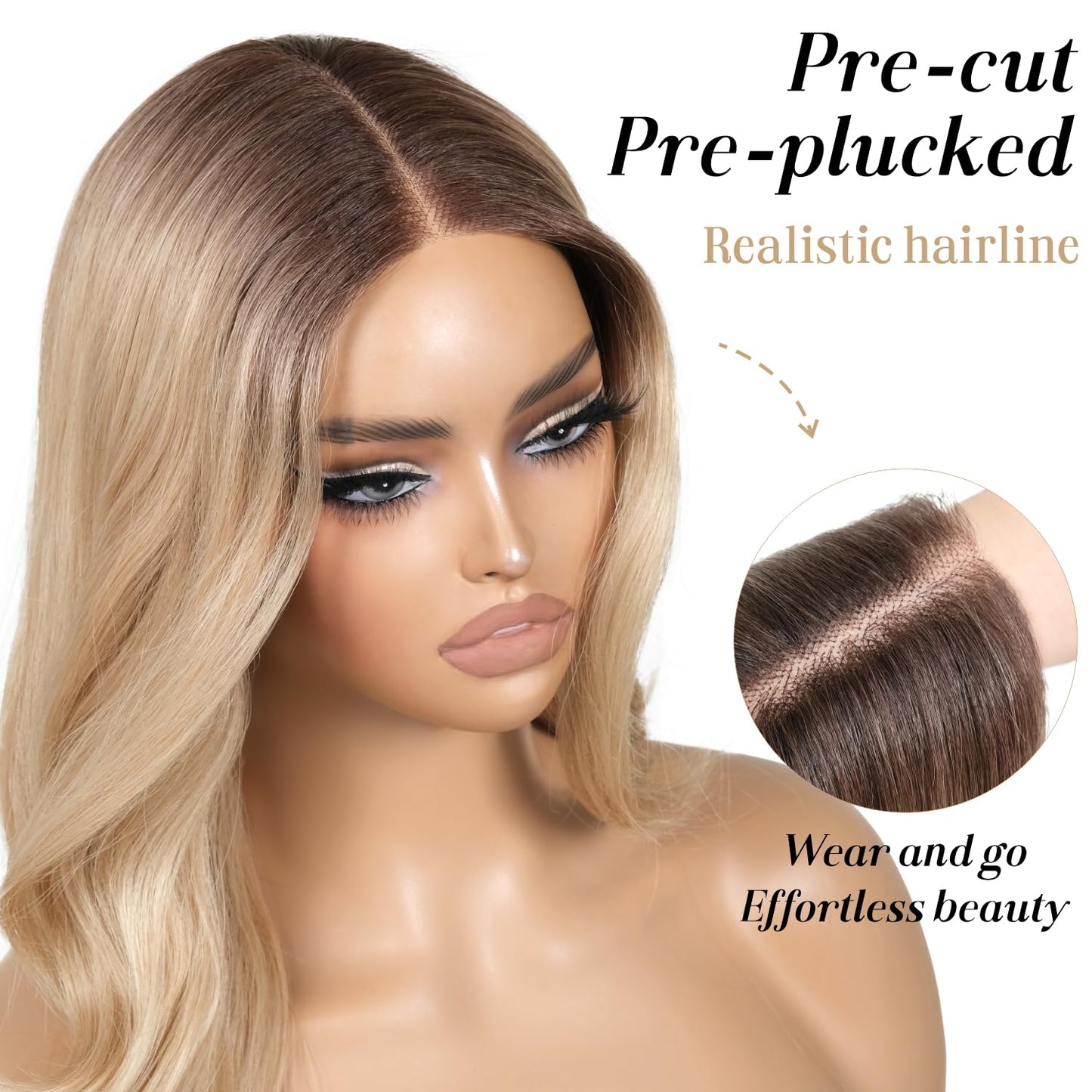 ENCOUNTERU Blonde Wear and Go Glueless Wig with Bangs Synthetic Lace Front Wigs for Women Body Wave Pre Plucked Pre Cut HD Lace Dirty Blonde Wig Middle Part 26 Inch