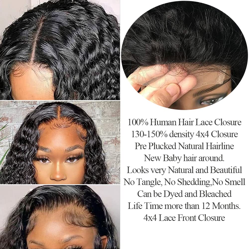 QTHAIR 14A Water Wave Transparent HD Lace Closure 4x4 Lace Closure Free Part Closure Water Wave Human Hair Closure 14" #1b 150% Density Unprocessed Wet and Wavy Virgin Human Hair Lace Frontal Closure