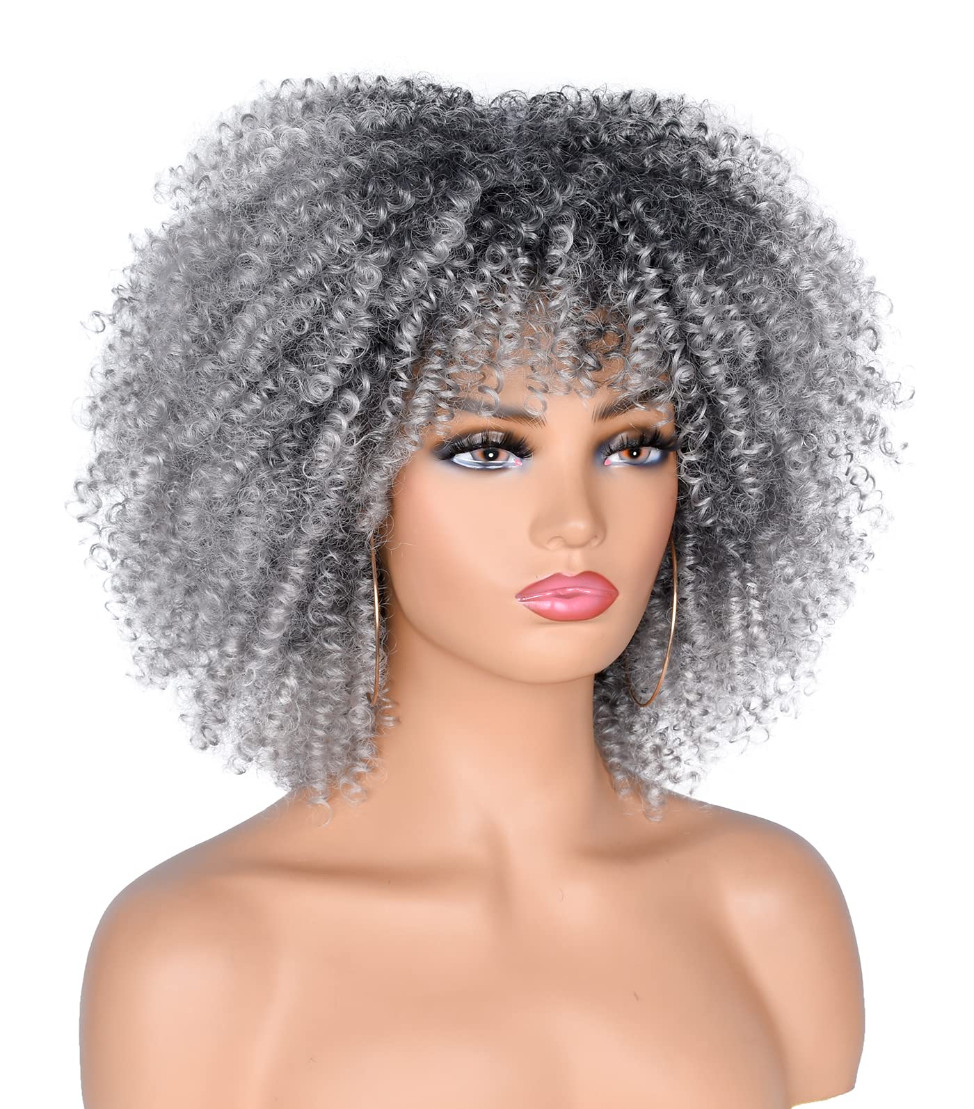 ANNISOUL 10Inch Short Curly Afro Wigs for Black Women Bomb Afro Kinky Curly Wig with Bangs Synthetic Fiber Full Wig(Ombre Grey)