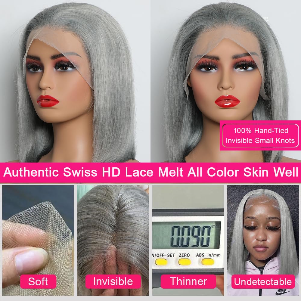 CYSDRH Grey Bob Wig Human Hair Full 13x6 HD Lace Front Wigs 180% Density Short Bob Wigs for Black Women Pre Plucked Pre Cut 12A Unprocessed Brazilian Virgin Human Hair Wigs - 12 Inch Grey Bob Wig