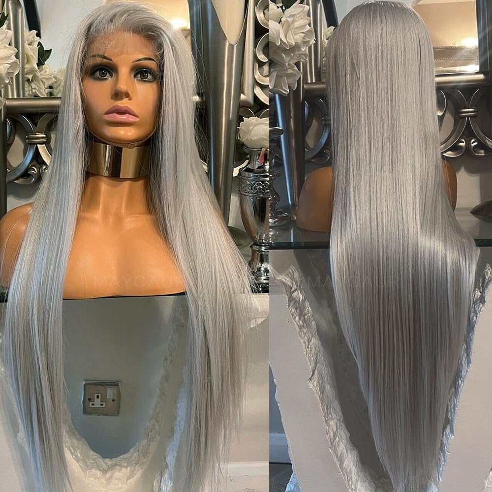 Maycaur 30 Inch Grey Hair Synthetic Lace Front Wigs Light Yaki Glueless HD Lace Wigs Natural Hairline Pre-Plucked Silver Gray Long Straight Wigs for Black Women