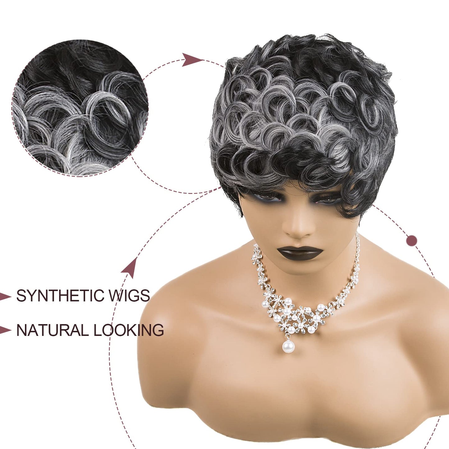 BOBCOO Pixie Cut Wig Short Wigs for Black Women Short Pixie cut Wigs for Black Women (Black & Grey)