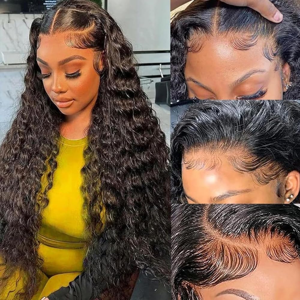 ANDRIA 13x4 Lace Front Wigs 200 Density Deep Wave Wig Black Curly Wig Pre-Plucked Glueless Lace Frontal Wigs Lace Front Wig with Baby Hair Heat Resistant Synthetic Hair Deep Curly Long Wigs 26 Inch