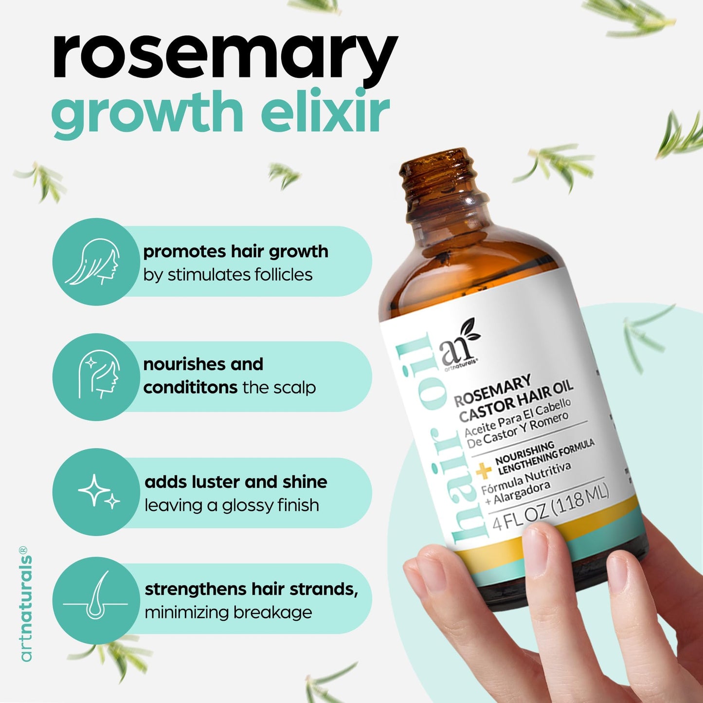 ArtNaturals Organic Rosemary & Castor Hair Growth Oil + Scalp Massager Set – Hair Styling Oils for Dry, Itchy Scalp, Thickening & Hydration - Scalp Oil Products For Damaged Hair & Split Ends – 4.0 oz