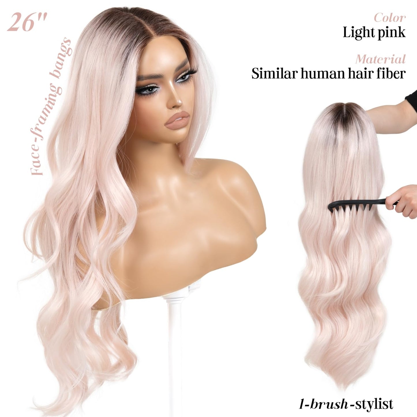 ENCOUNTERU Wear and Go Glueless Pink Wigs For Women Body Wave Wig with Bangs Synthetic Lace Front Pre Plucked Pre Cut HD Lace Glueless Ready to Wear Wig Light Pink Middle Part 26 Inch