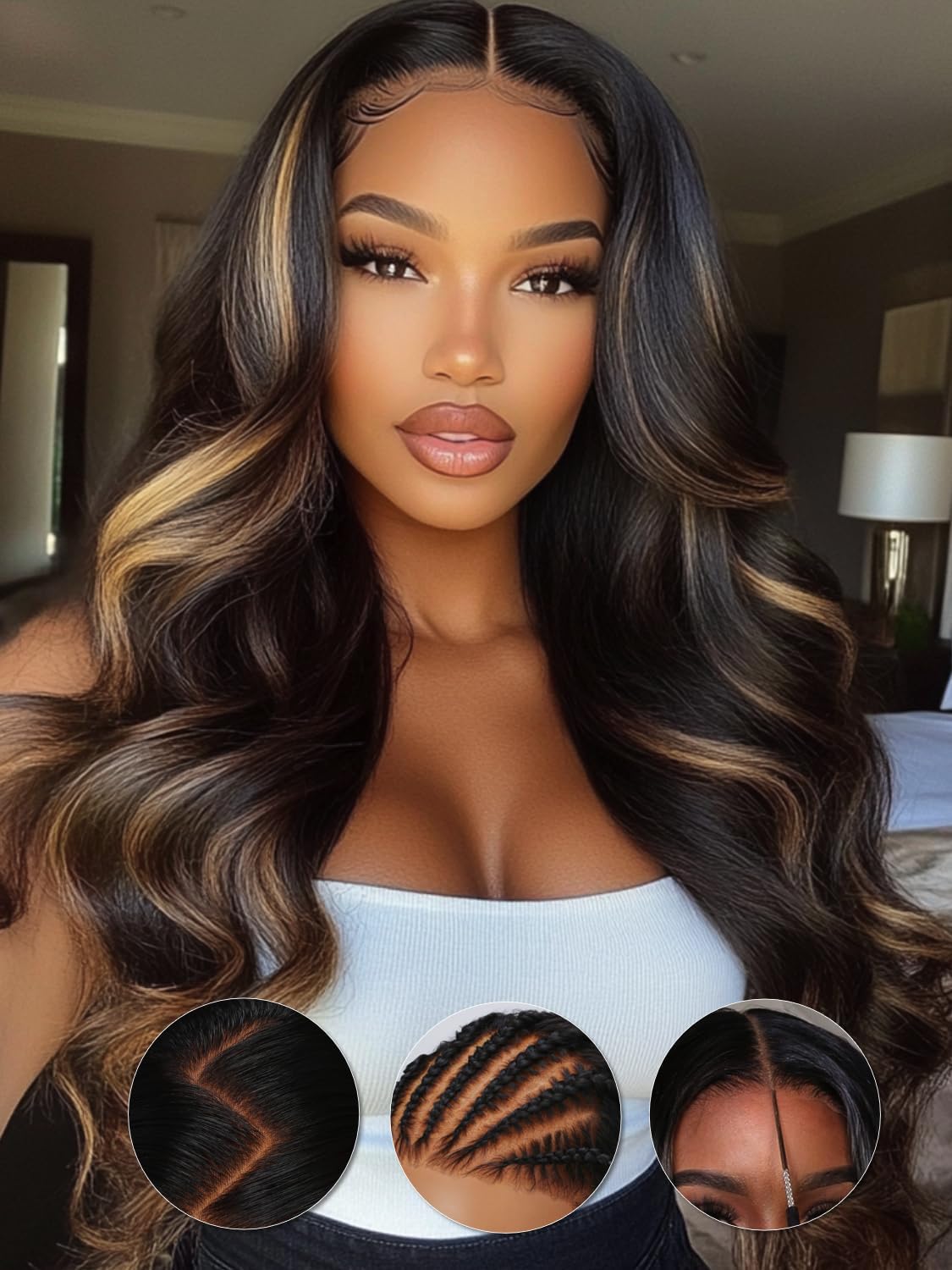 KLAIYI Bye Bye Knots Glueless Wig Human Hair 13x4 Balayage Highlight 3D Body Wave Precut Lace Front Wig with Baby Hair Black Mix Blonde Brown Pre Plucked Pre Bleached Knots Wig 30S Easy to Wear 26Inch