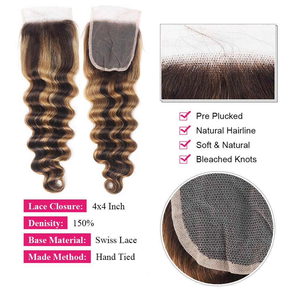 10A Human Hair Loose Deep Wave Bundles with Closure, P4/27 Colored Ombré Brazilian Bundles with 4x4 Free Part Lace Closure - Blonde, Brown (22, 24, 26+20inch)