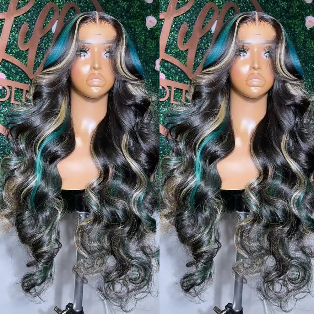 SISIFIRE Blue Blonde Highlight Lace Front Wigs for Women Pre-plucked Hairline Glueless 13X4 Inch Synthetic Lace Front Wig with Baby Hair Long Deep Wavy Wigs